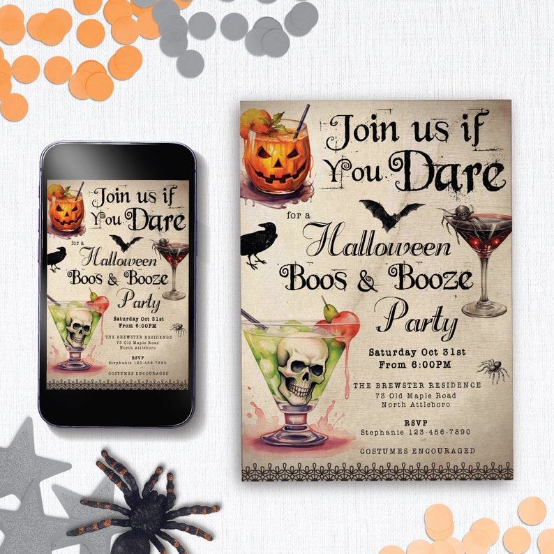 A printed Halloween Cocktail Party Invitation and a digital version sit on a table.  The invites feature pictures of spooky Halloween drinks.  The text reads "Join us if you Dare for a Halloween Boos and Booze Party.