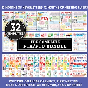 Editable Complete PTO PTA Flyer Bundle, PTA Templates Bundle, 12 Months Newsletter Bundle, 12 Months Meeting Flyers, Recruitment Forms 280HL