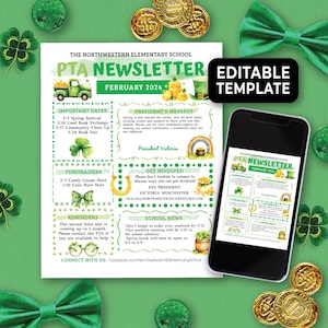 Puede incluir: Plantilla editable para un boletín informativo de la PTA de una escuela con un diseño de trébol verde y monedas de oro. El boletín incluye fechas importantes, recaudaciones de fondos, recordatorios, noticias de la escuela y un mensaje del presidente. El texto dice "The Northwestern Elementary School PTA Newsletter February 2024 Editable Template".