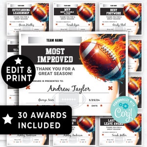 Football Awards Printable, Saisonende / Jahresende Fußball Team Award Zertifikate Bearbeitbare Vorlage, Sport Football Award Template Bundle 175HL