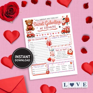 May include: A printable Valentine's Day game for a Galentine's Day party. The game features a pink and white background with a cartoon bear and a red truck. The game asks questions about favorite colors, foods, hobbies, and more. It also includes a "This or That" section and a "Yes or No" section.