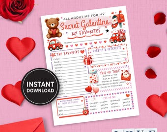 Secret Galentine Questionnaire, Secret Valentine's Day Gift Exchange, Party Gift Exchange Form, All About Me, Galentine Party Game 235HL