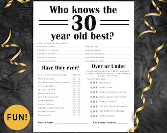30th Birthday Party Game Who Knows the 30 Year Old Best For Him Her Fun 30 Year Old Birthday Party Trivia 30th Birthday Game Man Woman 313HL
