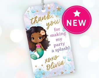 Etiqueta editable de favor de sirena, etiqueta de fiesta de cumpleaños de sirena, decoraciones etiqueta de agradecimiento de sirena marrón negro, inmersión del quinto cumpleaños en cinco 141HL