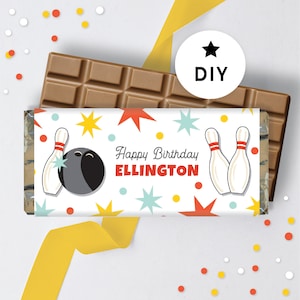Editable Candy Bar Wrapper Bowling Birthday Favor, Download Strike Up Some Fun Boy Bowling Birthday Party, Retro Bowling Decorations 103BL