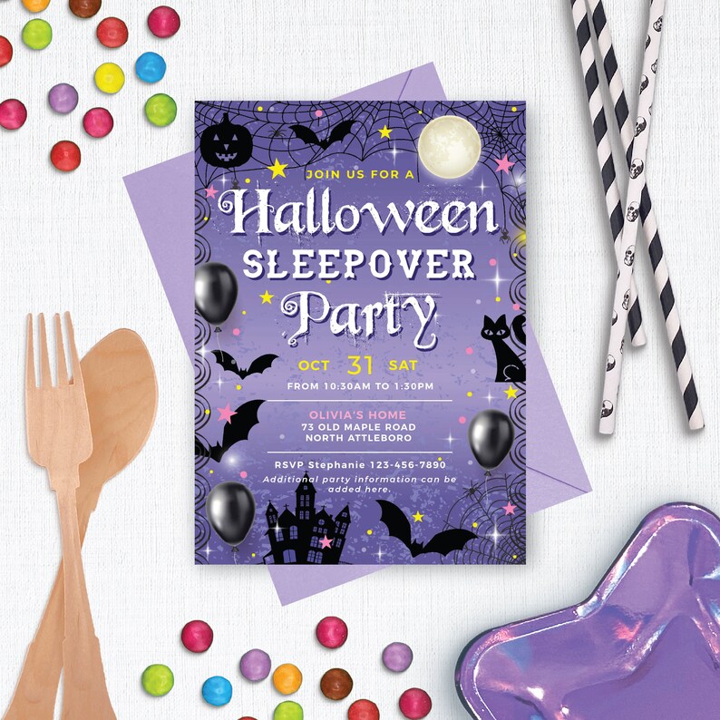 Editable Halloween Sleepover Invitations Girls, Children's Halloween