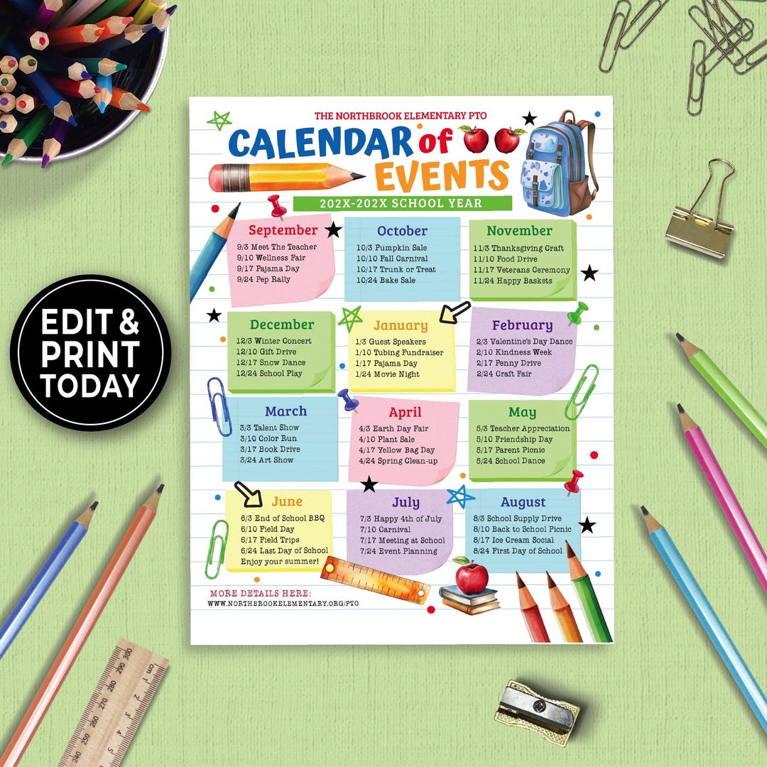 Editable PTO PTA Calendar of Events Flyer Template, School Events Flyer ...