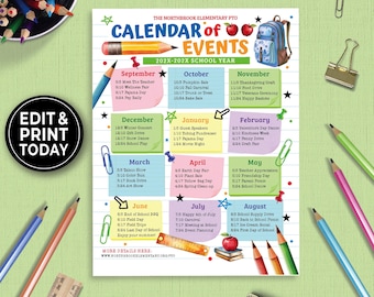 Editable PTO PTA Calendar of Events Flyer Template, School Events Flyer, PTA Newsletter  Flyer, Monthly Calendar Template for School 178HL