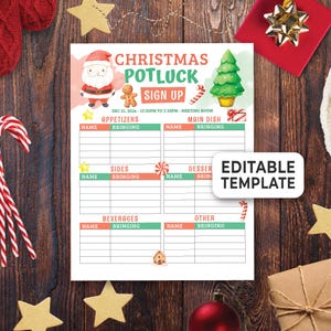 May include: Printable Christmas potluck sign up sheet with a red and white candy cane, a gingerbread man, a Santa Claus, and a Christmas tree. The sign up sheet has sections for appetisers, main dish, sides, desserts, beverages, and other. The text on the sign up sheet reads "Christmas Potluck Sign Up" and "Dec 21, 2024 - 12:30PM to 2:30PM - Meeting Room".