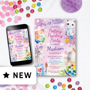 Pode incluir: Um convite rosa e roxo com respingos de tinta aquarela. O convite diz "Calling All Painters!" e "Pottery Painting Party" para celebrar o 8º aniversário de Madison. O convite inclui um unicórnio, um porco, um gato e um pinguim, todos pintados com tinta colorida.