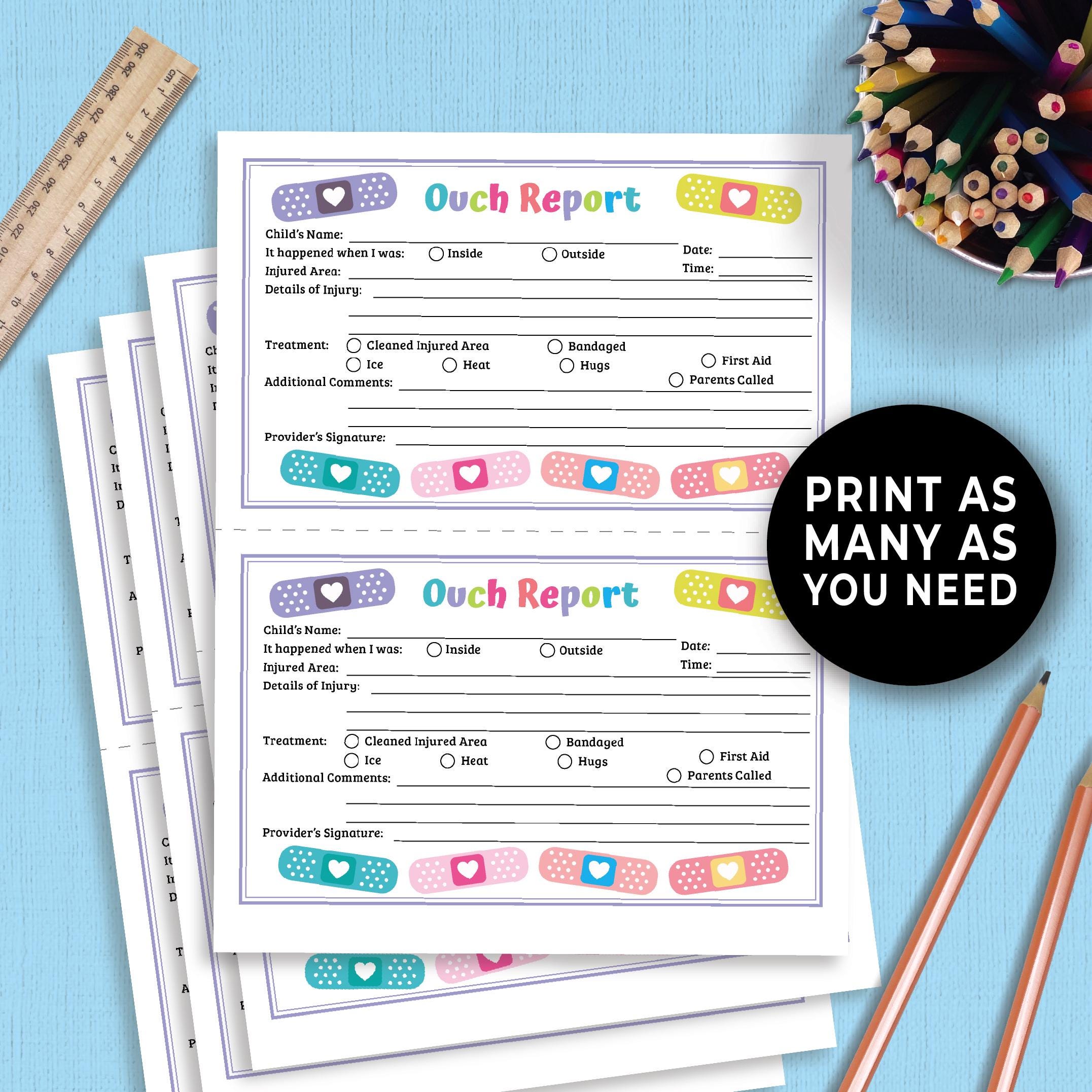 Ouch Report Instant Download Accident Form Injury Report Boo Boo Report ...