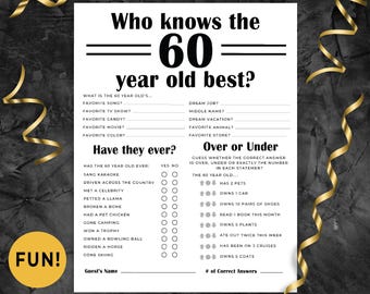 Juego de fiesta de 60 cumpleaños ¿Quién conoce mejor a la persona de 60 años? ¿Él o ella? Divertido juego de preguntas y respuestas para fiestas de cumpleaños de 60 años. Juego de cumpleaños de 60 años para hombre y mujer. 313HL