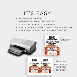 May include: Printable digital invitation for a sleepover party with a pizza theme. The invitation features a black and white design with the text "Bro Sleepover Party" and a pizza graphic. The invitation is sized 5x7 inches.