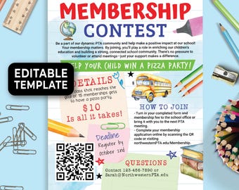 Editable PTO PTA Membership Contest Flyer, PTA Membership Drive Form, pta Sign Up Recruitment Flyer, Pto New Membership Campaign  180HL