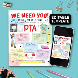 Editable PTO PTA Membership Drive Flyer, PTA Membership Form, pta Sign Up Recruitment Flyer, Why Join The Parent Teacher Assoc. Flyer  180HL