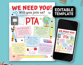 Flyer modifiable pour l'adhésion à la PTA, formulaire d'adhésion à la PTA, dépliant de recrutement pour l'inscription à la PTA, Pourquoi rejoindre l'association parents-enseignants. Circulaire 180HL