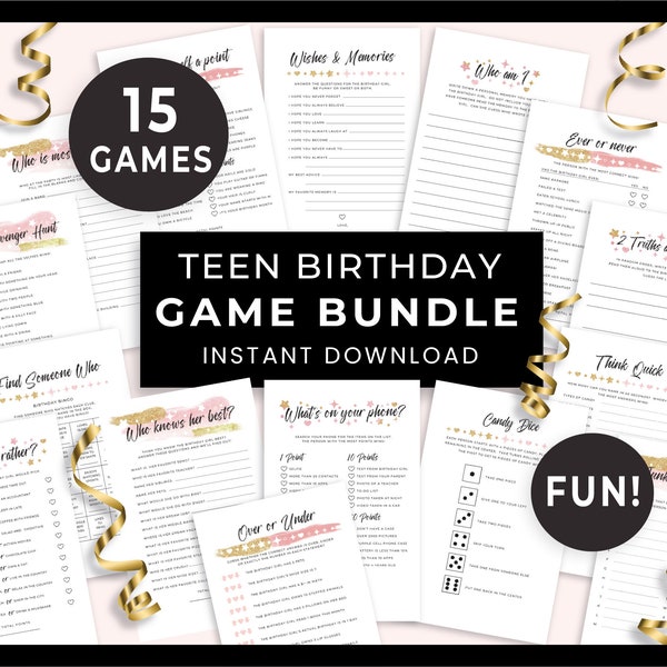 15 Printable Birthday Party Games for Teens Girl, Fun Teen Party Game Ideas, Slumber Party, Pre-teen/Tween, 13th, Sweet 16 Quiz Bundle 123HL