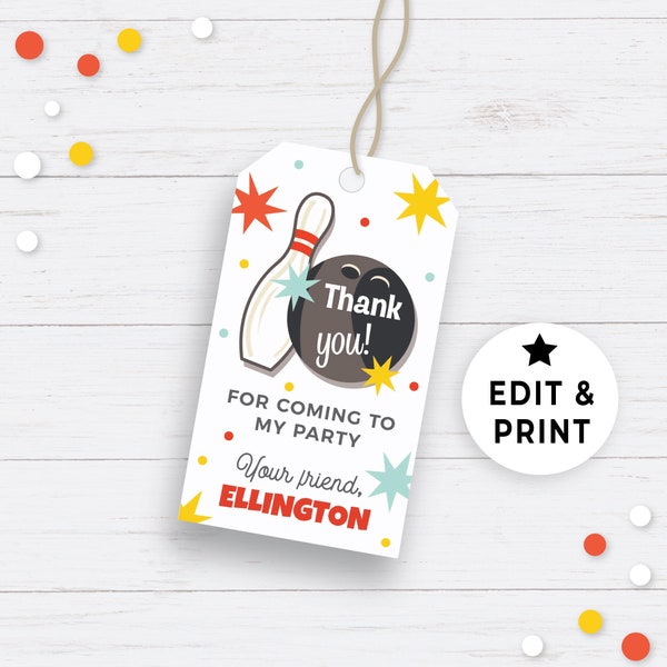 Editable Thank You Tags Bowling Party Favors, Instant Download Strike Up Some Fun Boy Birthday Party Decorations, Retro Bowling Tag 103BL