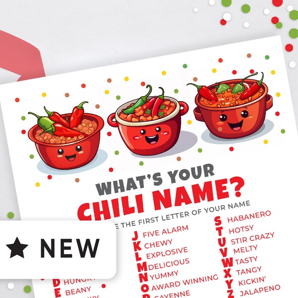 What's Your Chili Name Game with Name Tags, Funny Chili Cook Off Printable Flyer Template for Chili Themed Party, Name Generator 159HL