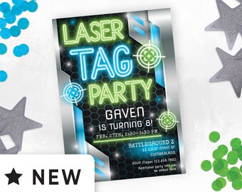 Editable Template Laser Tag Birthday Party Invitations For Indoor Laser Tag Party, Neon Glow Boy Laser Tag Invite Preteen Download 117HL