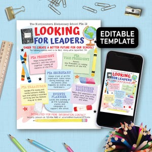 May include: A colorful printable flyer with a cartoon globe and stars. The flyer is titled "Looking for Leaders" and lists the different positions available in the PTA, such as President, Vice President, Secretary, Treasurer, Events Planner, and Volunteer Recruiter. The flyer includes contact information for interested individuals.