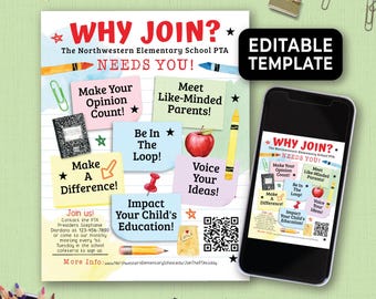 Editable Why Join the PTA Flyer, Reasons to Join the PTO Flyer, pta Sign Up Recruitment Flyer, Parent Teacher Association Flyer  182HL