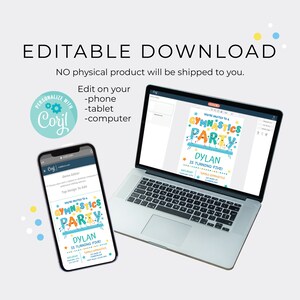 May include: Editable digital invitation for a gymnastics party. The invitation features a blue, yellow, and orange color scheme with a cartoon illustration of gymnasts on a balance beam. The text reads "You're invited to a Gymnastics Party" and "Dylan is turning five!"
