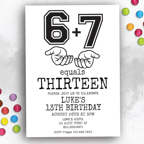 Editable 13 Year Old Boy Birthday Party Invite, 6 7 Birthday Invite Template Black and White 325HL
