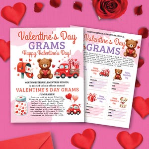 Puede incluir: Un folleto de recaudación de fondos para el Día de San Valentín Grams de la Escuela Primaria Northwestern. El folleto es de color rosa y rojo y presenta un camión rojo con un oso de peluche y un corazón, un buzón y un frasco de corazones. El folleto incluye instrucciones para enviar Grams del Día de San Valentín a los compañeros de clase por 1 € cada uno. Las entregas tendrán lugar el 14 de febrero.