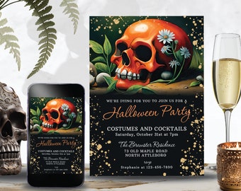 Puede incluir: Invitación a una fiesta de Halloween con un gráfico de calavera. La invitación es negra con purpurina dorada y dice "We're dying for you to join us for a Halloween Party. Costumes and Cocktails. Saturday, October 31st at 7pm. The Brewster Residence. 73 Old Maple Road. North Attleboro. Stephanie at 123-456-7890"
