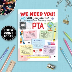 Edytowalna ulotka PTO PTA Membership Drive, formularz członkostwa PTA, ulotka rekrutacyjna PTA Sign Up, dlaczego dołączyć do Parent Teacher Assoc. Ulotka 180HL