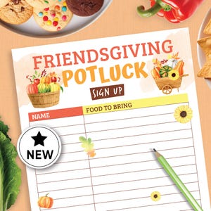 Op de afbeelding: Een printbaar inschrijfformulier voor een Friendsgiving-potluck. Het inschrijfformulier heeft een geel en oranje kleurenschema met herfstthema-illustraties. De tekst op het inschrijfformulier luidt "Friendsgiving Potluck Sign Up" en "Food to Bring".