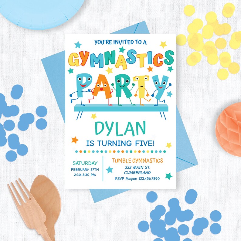 May include: A colorful invitation for a gymnastics party for a child named Dylan turning five. The invitation features a blue background with a white border and a cartoon image of the letters "GYMNASTICS PARTY" with smiling faces. The invitation includes the date, time, and location of the party.