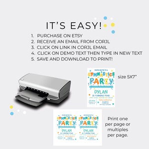 May include: A printable invitation for a gymnastics party. The invitation is 5x7 inches and features a colorful design with a gymnast on a balance beam. The text on the invitation says "You're invited to a Gymnastics Party" and "Dylan is turning five!"