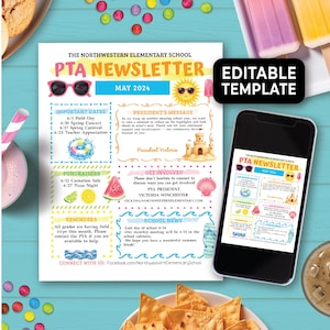 Può includere: Un modello di newsletter PTA per maggio 2024, con un design colorato con occhiali da sole, un sole e un ghiacciolo. La newsletter include date importanti, il messaggio del presidente, eventi di raccolta fondi e notizie scolastiche. Uno smartphone mostra la newsletter.