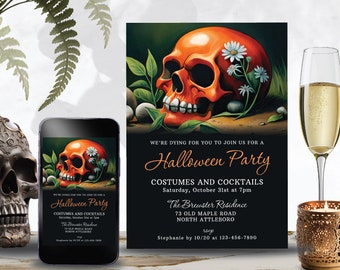 Puede incluir: Invitación a una fiesta de Halloween con una calavera y flores sobre un fondo oscuro. El texto dice "We're dying for you to join us for a Halloween Party, Costumes and Cocktails, Saturday, October 31st at 7pm, The Brewster Residence, 73 Old Maple Road, North Attleboro, RSVP Stephanie by 10/20 at 123-456-7890".