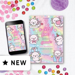 Convite de aniversário editável de Axolotl, convite de festa de Axolotl, convites de aniversário editáveis de Axolotl, convite divertido e fofo de Axolotl para meninas 161HL