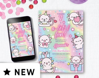 Editable Axolotl Birthday Invitation, Axolotl Party Invitation, Axolotl Editable Birthday Invites, Fun Cute Axolotl Invitation Girls 161HL