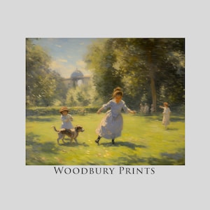 Children and Dog Playing in a Park on a Sunny Summer Day | Vintage Inspired Landscape Print | Digital Download
