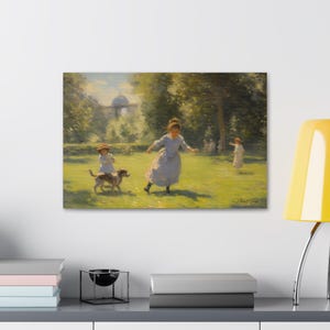 Children and Dog Playing in a Park on a Sunny Summer Day Canvas Art, Playful Dog & Children Painting, Home Decor, Vintage Art Print