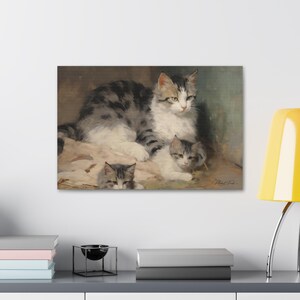 Mother Cat with Her Kittens Canvas Art Print, Kitty Decor for Cat Lovers, Home Wall Art, Pet Lover Gift, Feline Artwork, Animal Portrait