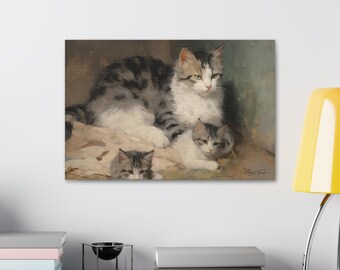 Mother Cat with Her Kittens Canvas Art Print, Kitty Decor for Cat Lovers, Home Wall Art, Pet Lover Gift, Feline Artwork, Animal Portrait