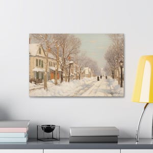 Art de toile de paysage de rue de quartier de blizzard, décoration d'intérieur confortable, art de mur de vacances, peinture de scène d'hiver, cadeau de fête pour des amateurs d'art