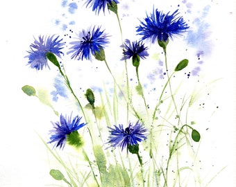 May include: Watercolor painting of blue wildflowers with green stems and leaves on a white background.