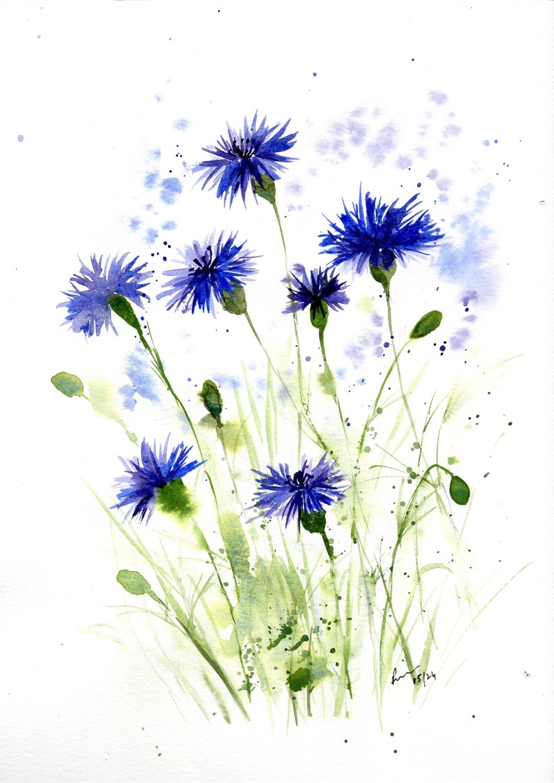 May include: Watercolor painting of blue wildflowers with green stems and leaves on a white background.