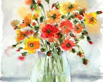 Watercolor painting of colorful poppies in a glass jar, not print