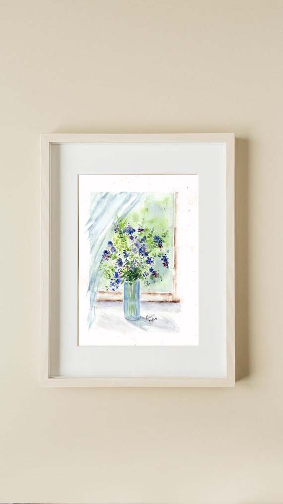 オリジナルの花の水彩画：ガラスの花瓶に入ったカラフルな花、6x9