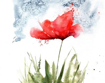 May include: Watercolor painting of a red poppy flower with green leaves and a blue and gray background. The painting is signed "B. 03/24".