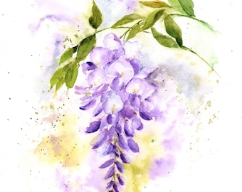 May include: Watercolor painting of a wisteria branch with cascading purple flowers and green leaves. The artwork features soft brushstrokes and a delicate color palette, with a white background and subtle yellow and purple accents.