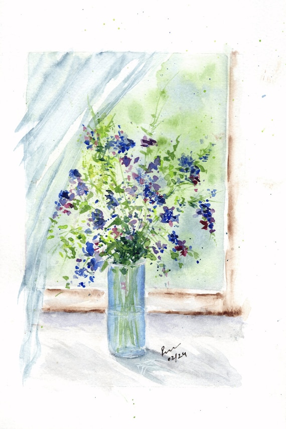 オリジナルの花の水彩画：ガラスの花瓶に入ったカラフルな花、6x9